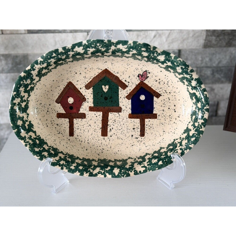 Vintage Gibson Oval Ceramic Bake Ware 11"x8"x2" Spatterware Spongeware Birdhouse